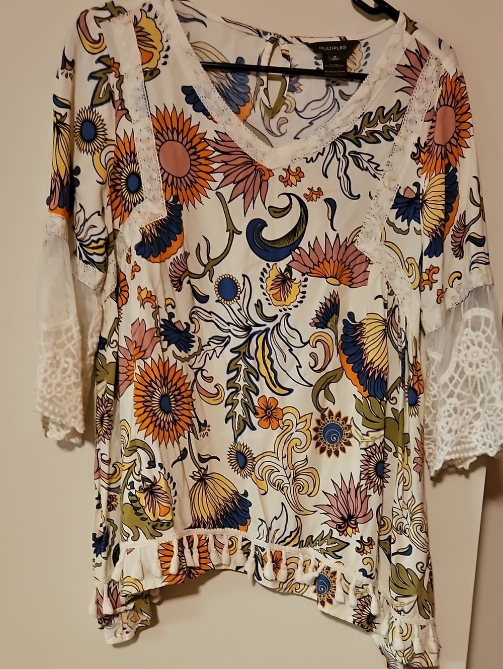 Multiples White Floral Lace-Trim Tunic with Orange, Navy & Olive Accents